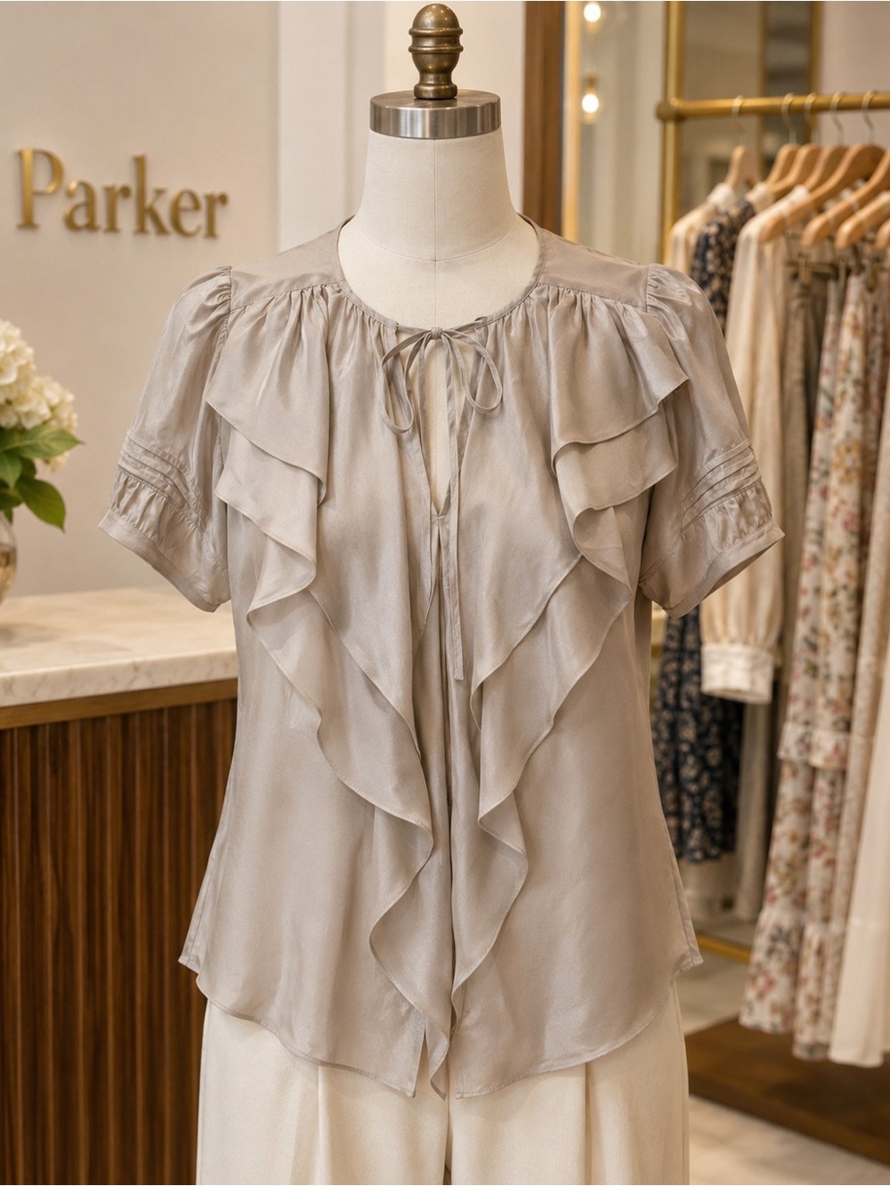 Parker 100% Silk Ruffle Tie Neck Blouse Champagne Taupe XS